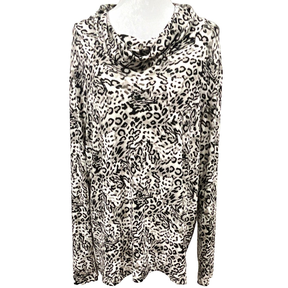 Chicos Animal Print Button Down Shirt Black White Leopard Long Sleeve Size 2 L